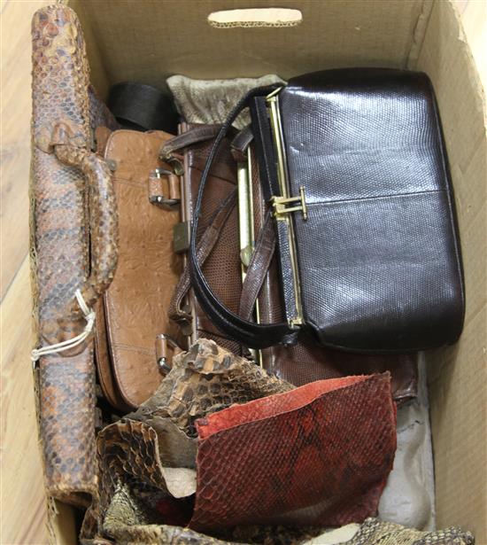 A collection of lizard and snake skin handbags, etc.
